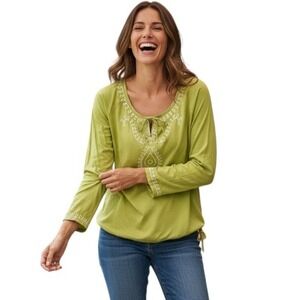 Prana Womens Small Lime Green Embroidered Cotton Peasant Blouse Top Shirt Small